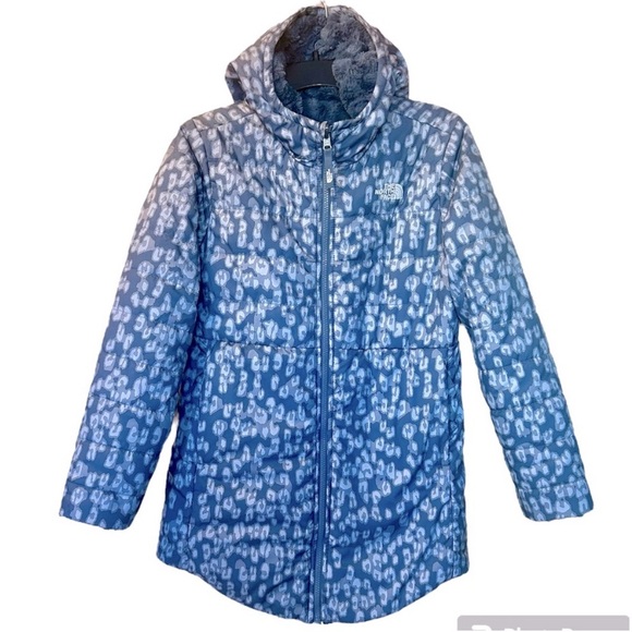 Girls / Women The North Face REVERSIBLE Gray Leopard Long Jacket Coat XL / TG 18 - Picture 2 of 14
